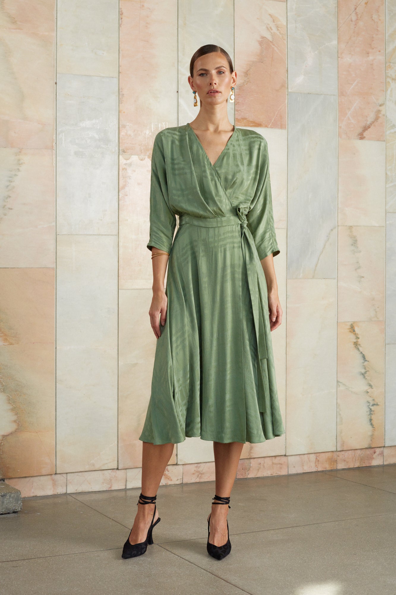 Green midi wrap dress with round skirt