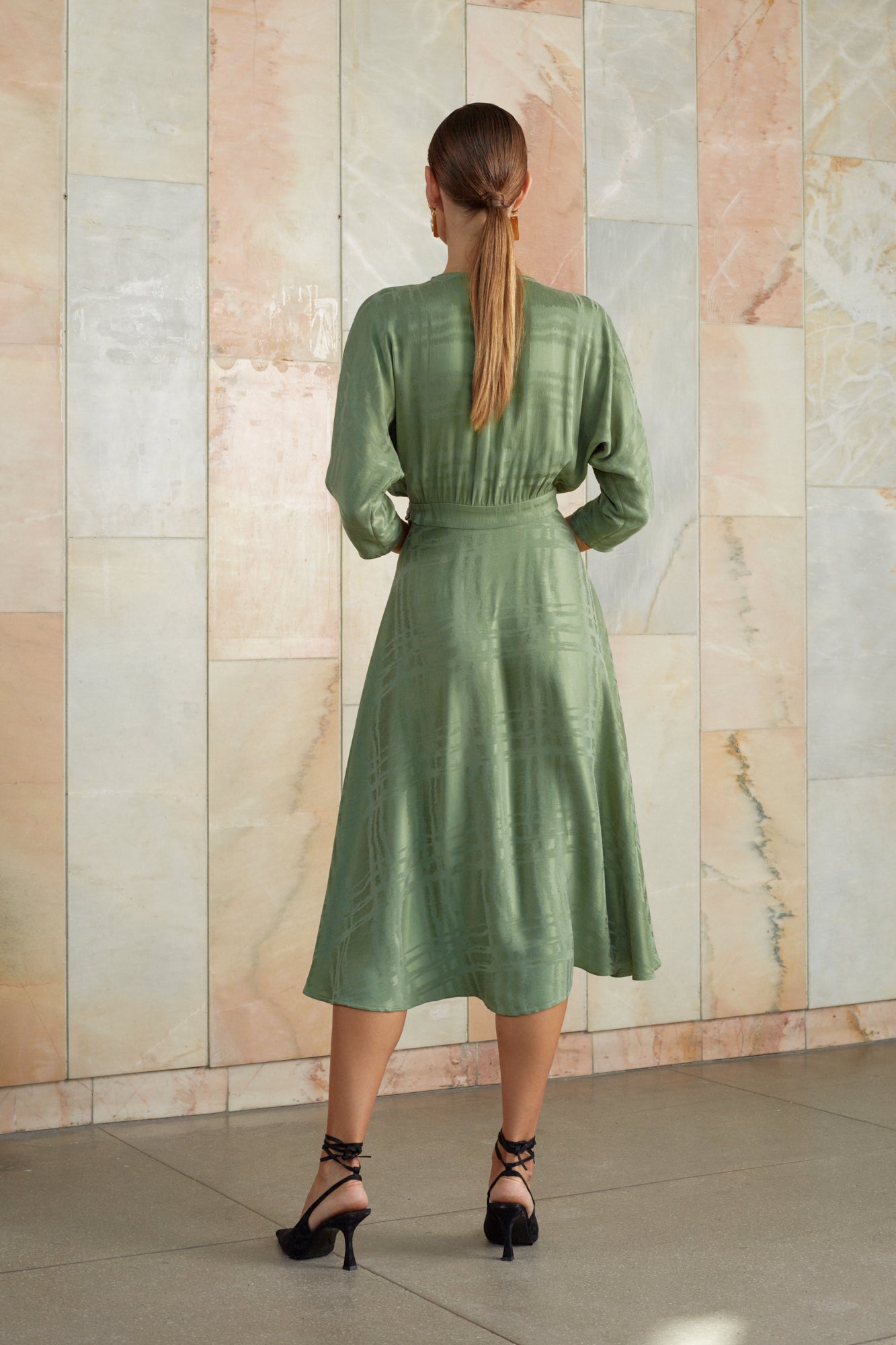 Sage Green Midi Wrap Dress 3/4 Sleeves CLEO