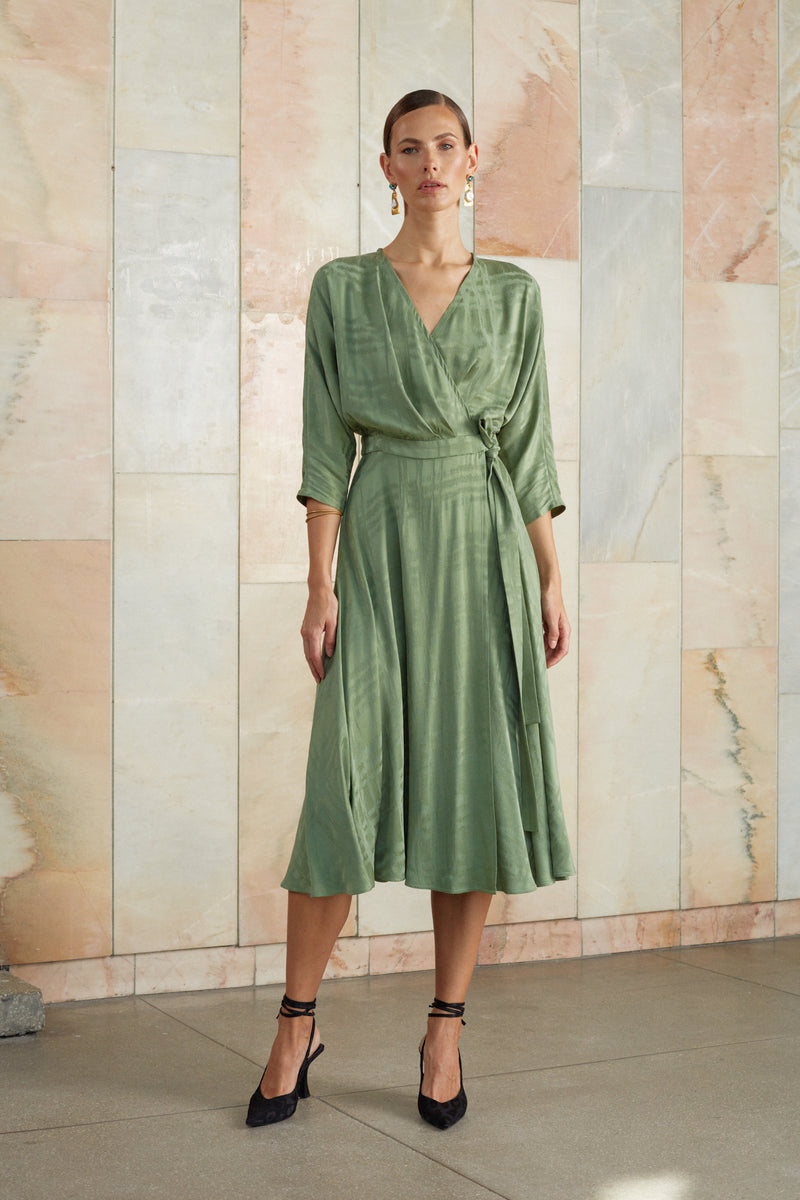 Green midi wrap dress with round skirt