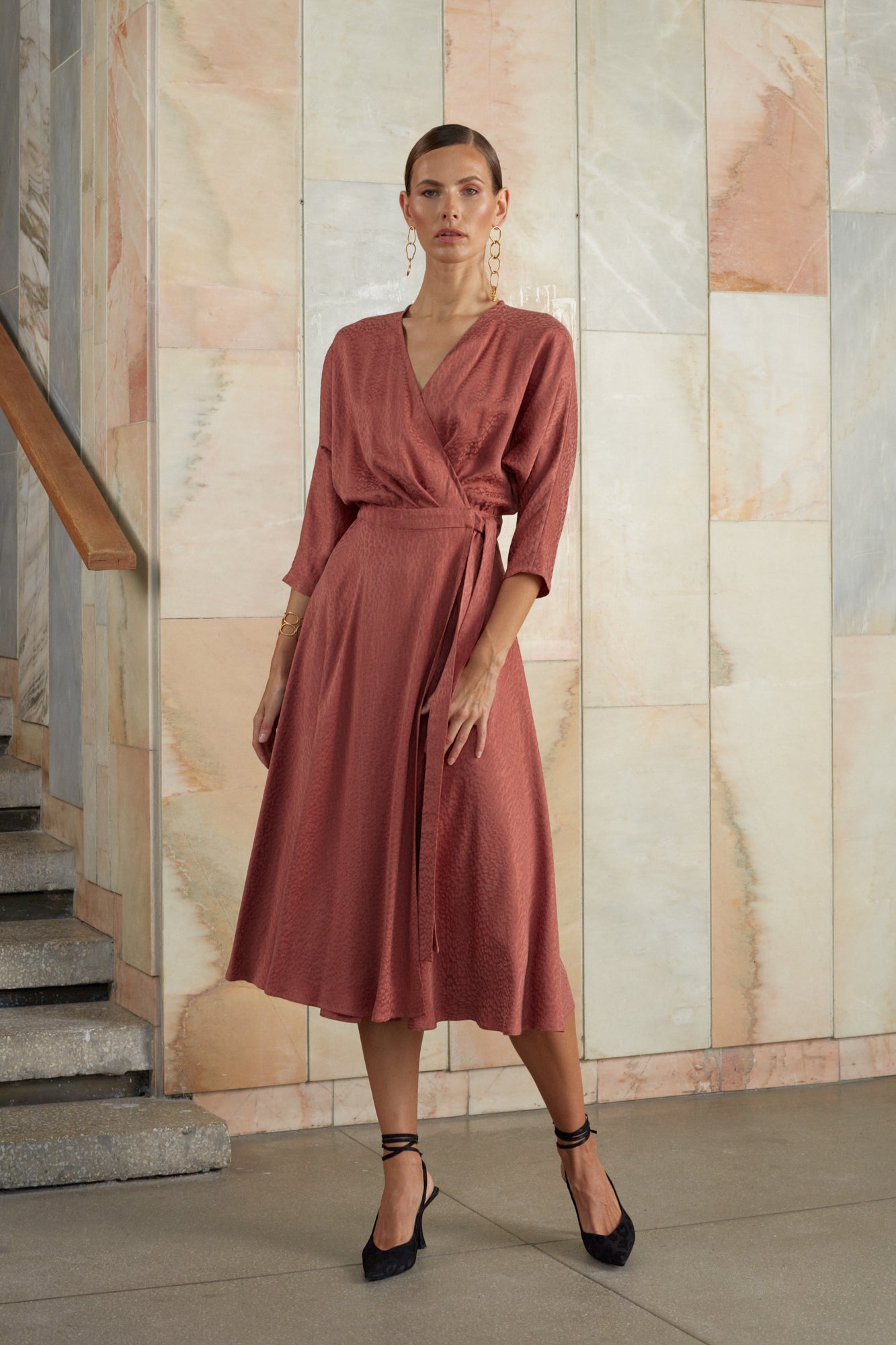 Midi wrap dress with pleated skirt