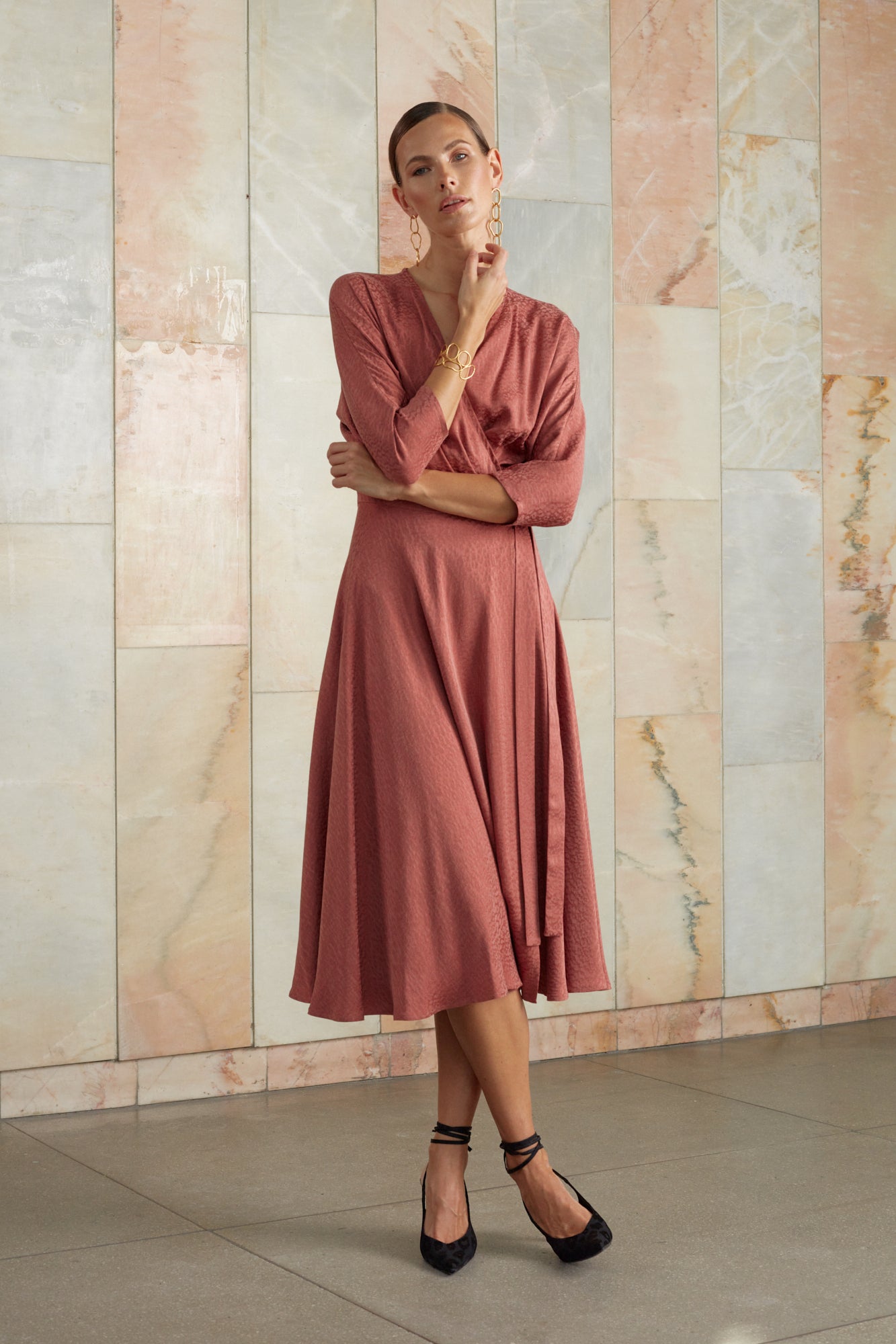 Terracotta midi wrap dress with round skirt