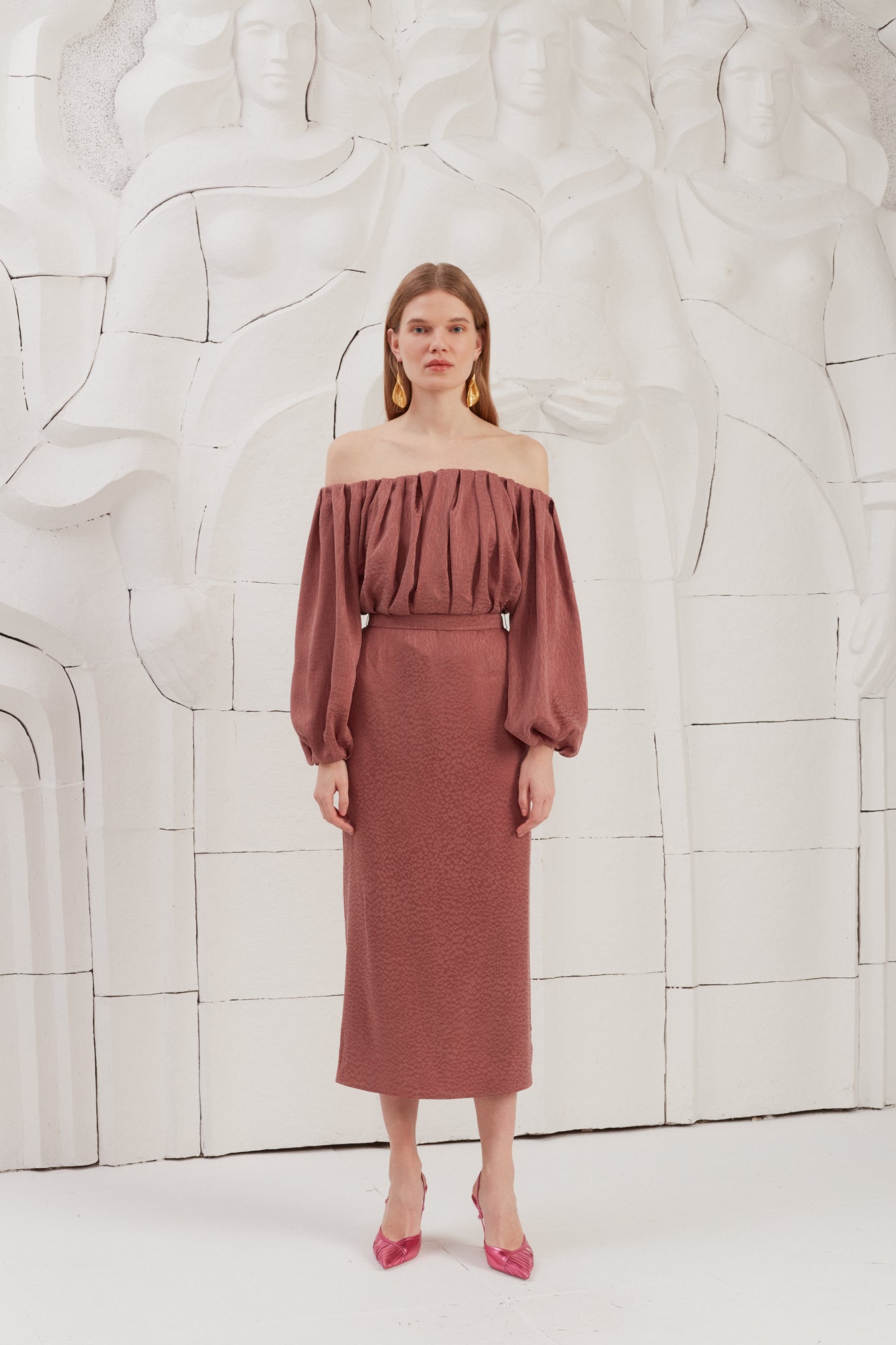 DELIA Terracotta Off Shoulder Pleated Midi Dress