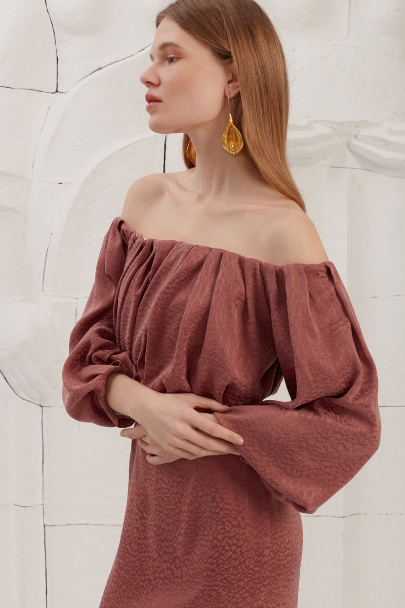DELIA Terracotta Off Shoulder Pleated Midi Dress