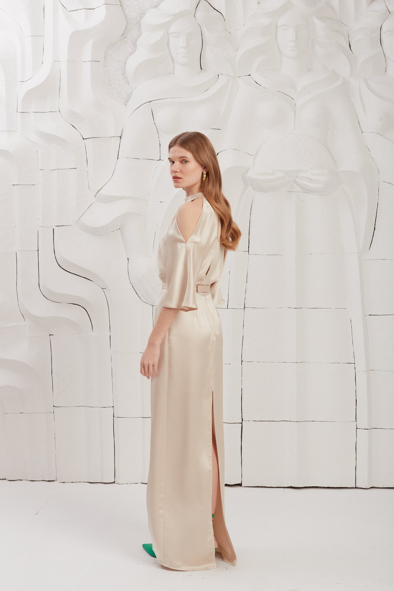 DEVA Champagne Cold Shoulder Maxi Dress With Butterfly Sleeves