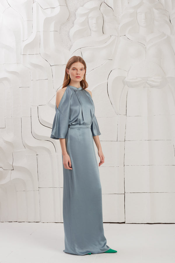 DEVA Stone Blue Cold Shoulder Maxi Dress With Butterfly Sleeves