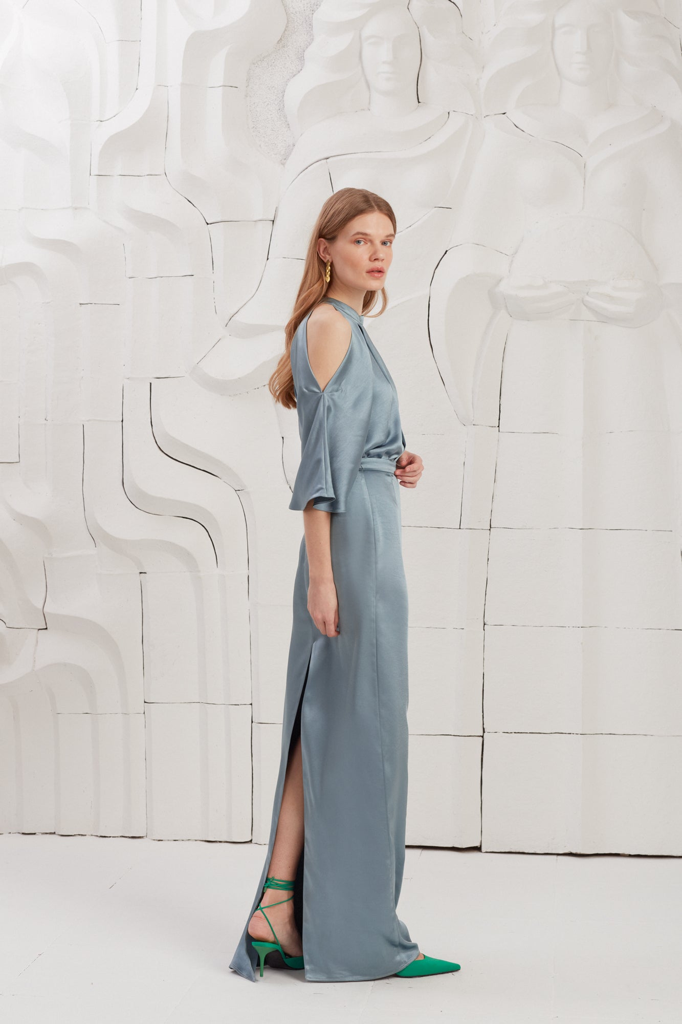 DEVA Stone Blue Cold Shoulder Maxi Dress With Butterfly Sleeves