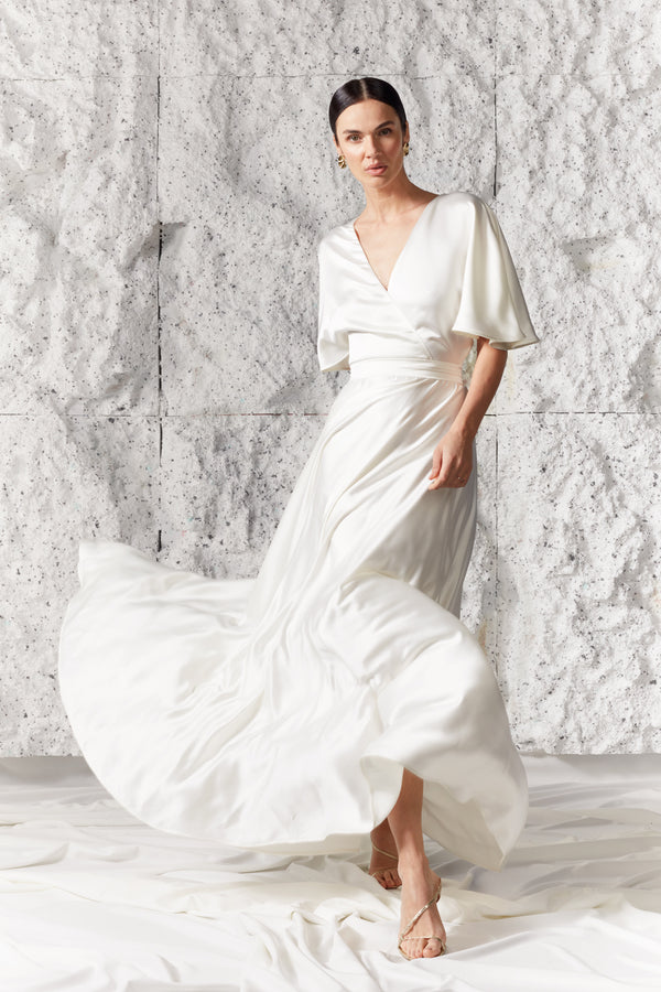 ELISE Soft White Maxi Bridal Wedding V Back and V Neck Dress With Butterfly Sleeves And Mermaid Skirt
