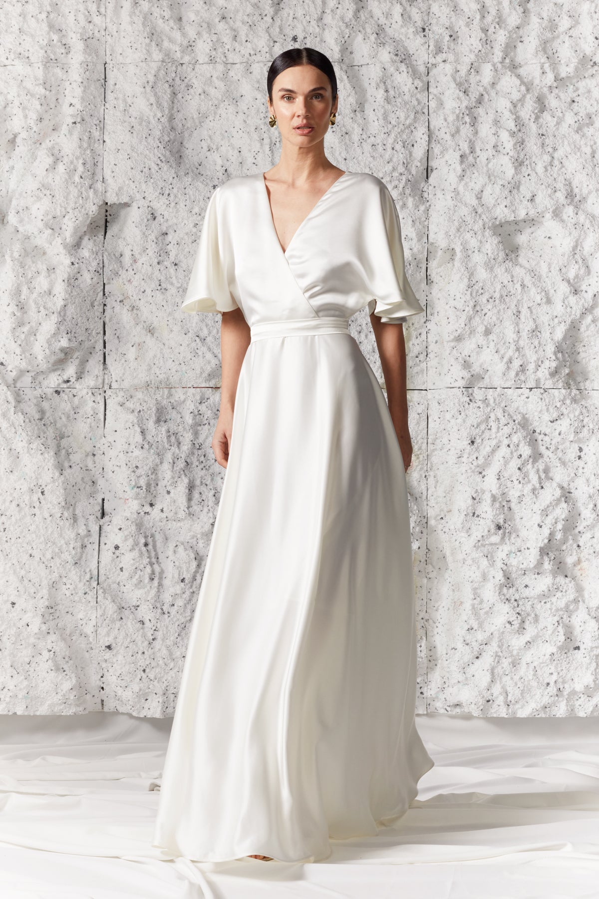ELISE Soft White Maxi Bridal Wedding V Back and V Neck Dress With Butterfly Sleeves And Mermaid Skirt
