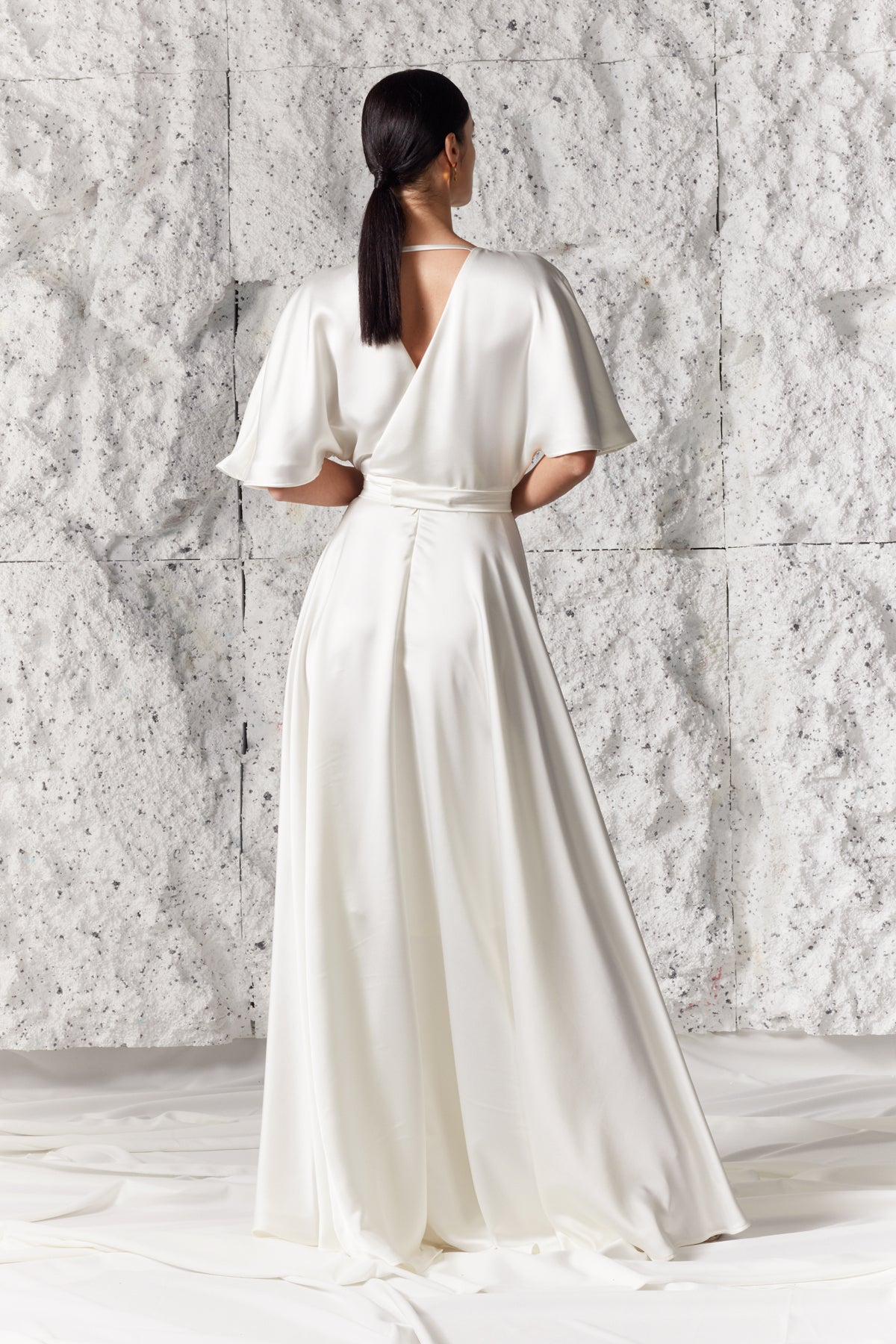 ELISE Soft White Maxi Bridal Wedding V Back and V Neck Dress With Butterfly Sleeves And Mermaid Skirt