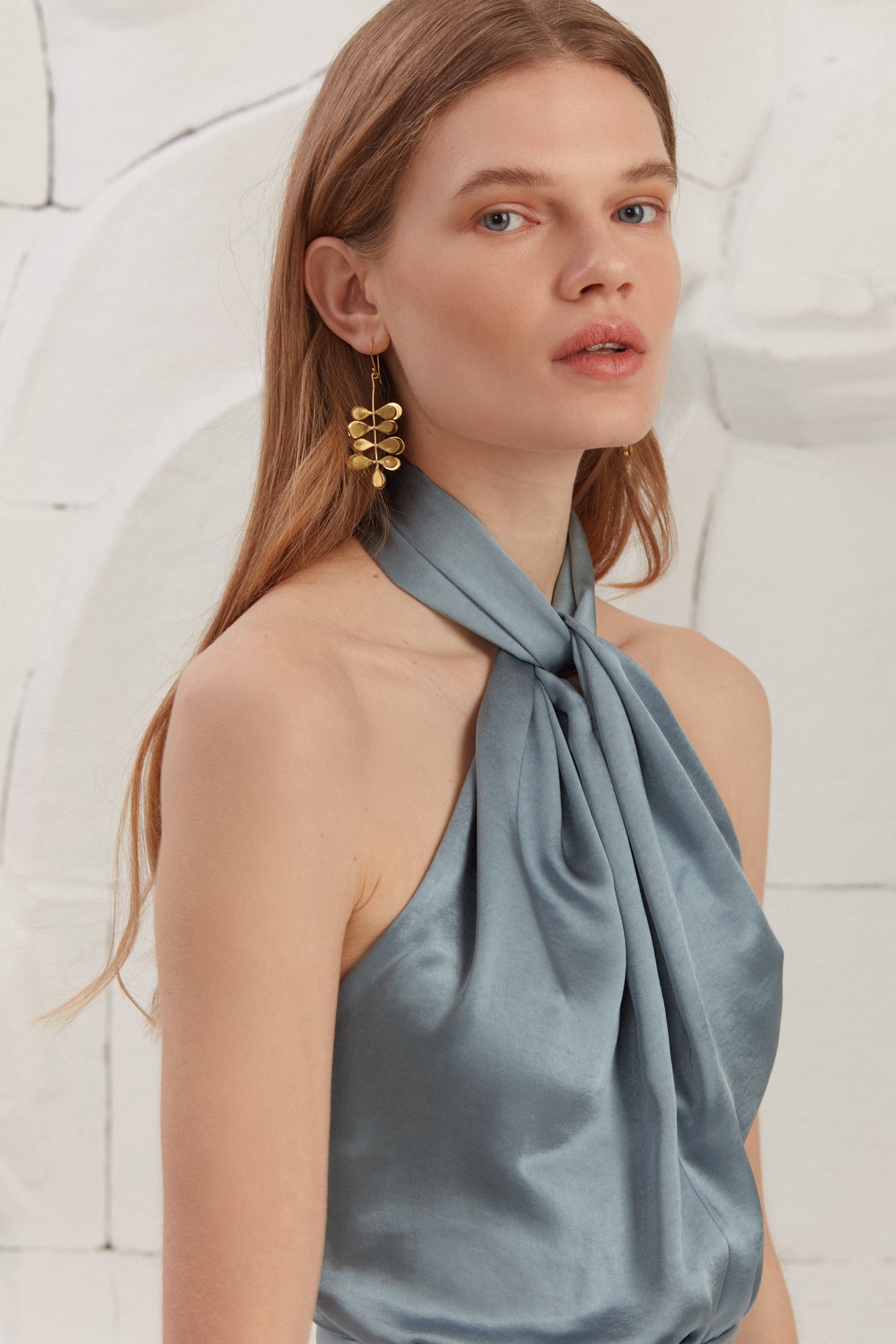 PAULA X Neckline Stone Blue Satin Evening Midi Dress