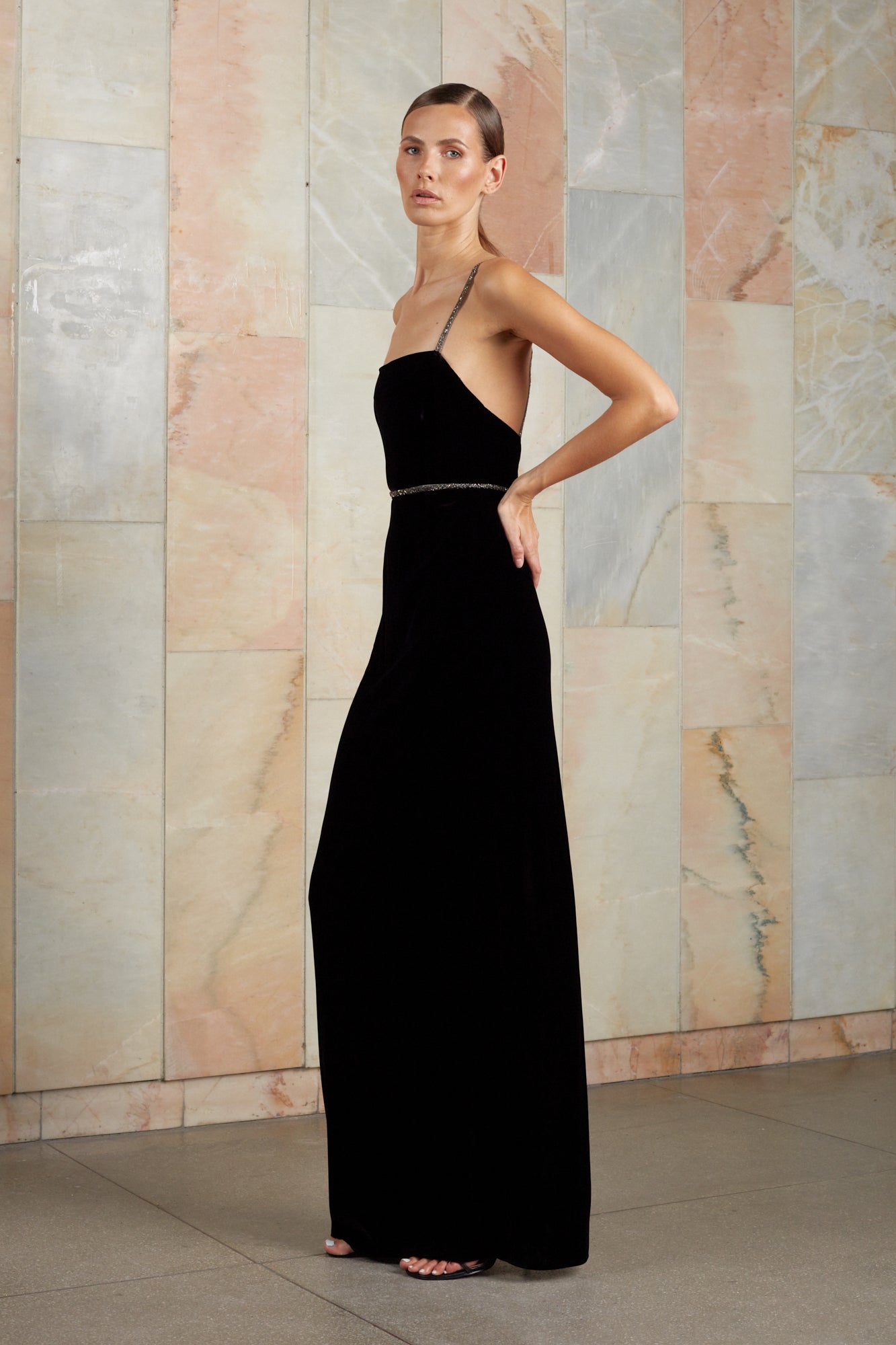 Black long silk velvet dress with open back