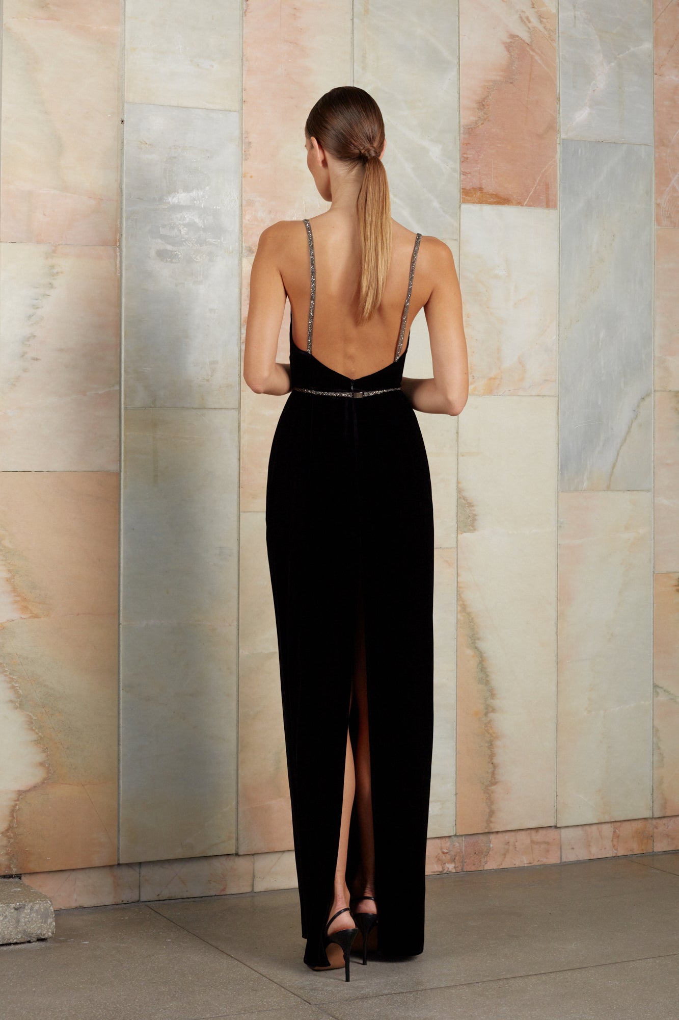 Black silk velvet dress with open back