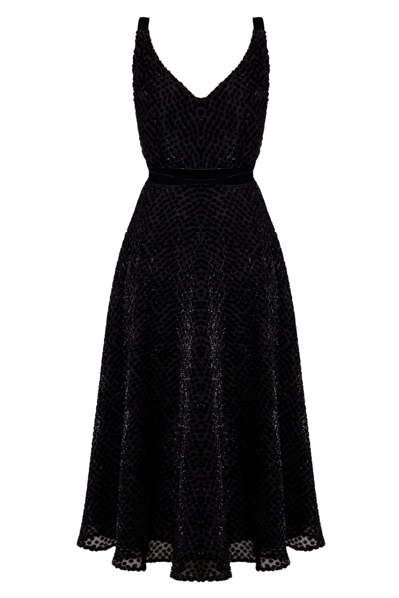 Eden Black Dotty Shimmer Velvet Backless Evening Midi Dress