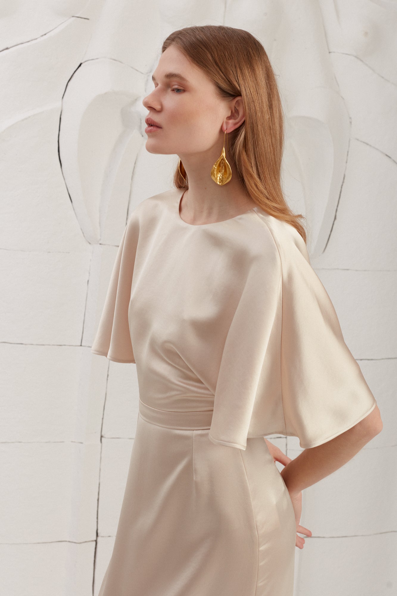 GINA Champagne Midi Dress With Butterfly Sleeves And Pencil Skirt