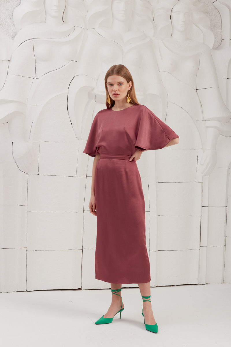 GINA Fire Brick Midi Dress With Butterfly Sleeves And Pencil Skirt