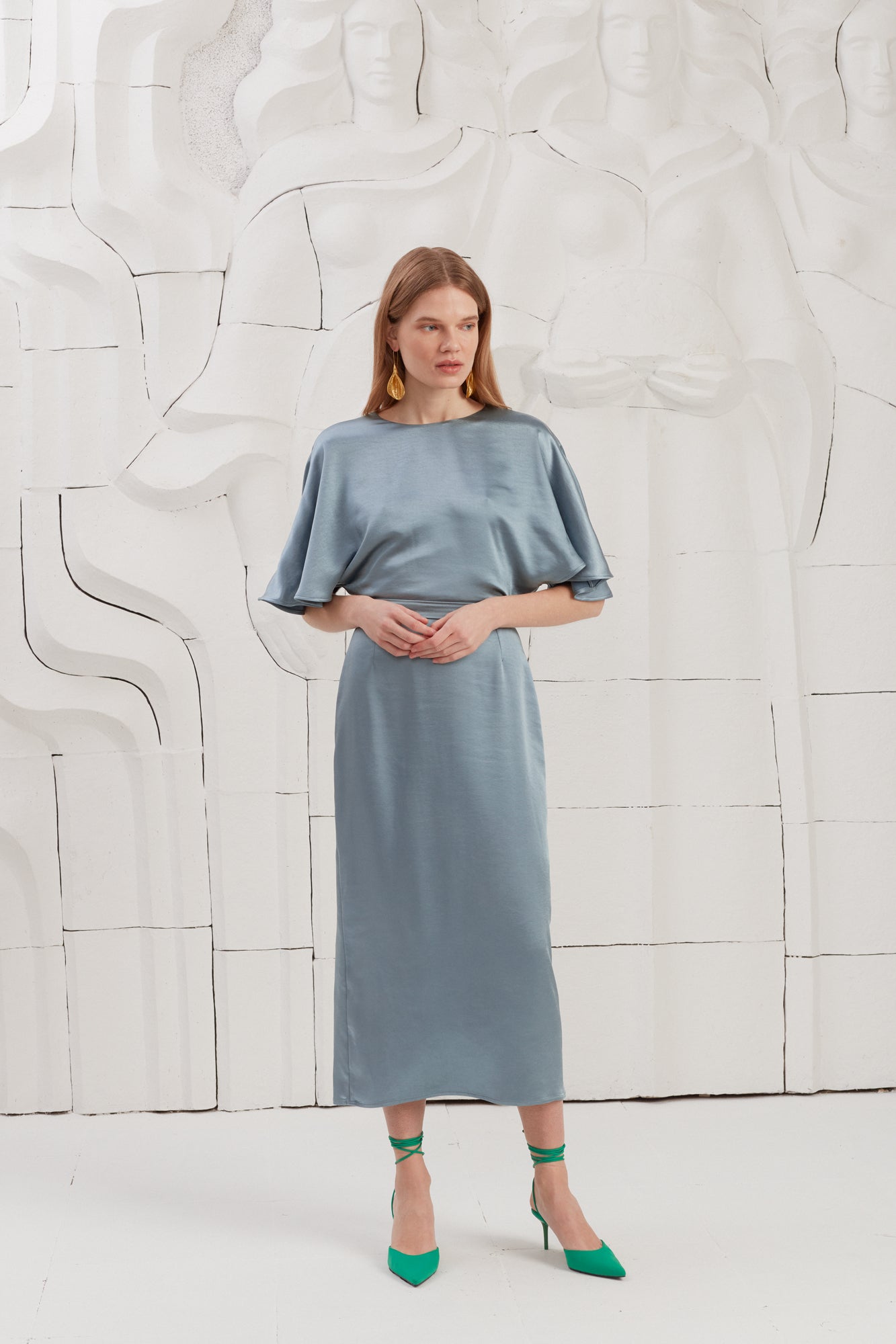 GINA Stone Blue Midi Dress With Butterfly Sleeves And Pencil Skirt