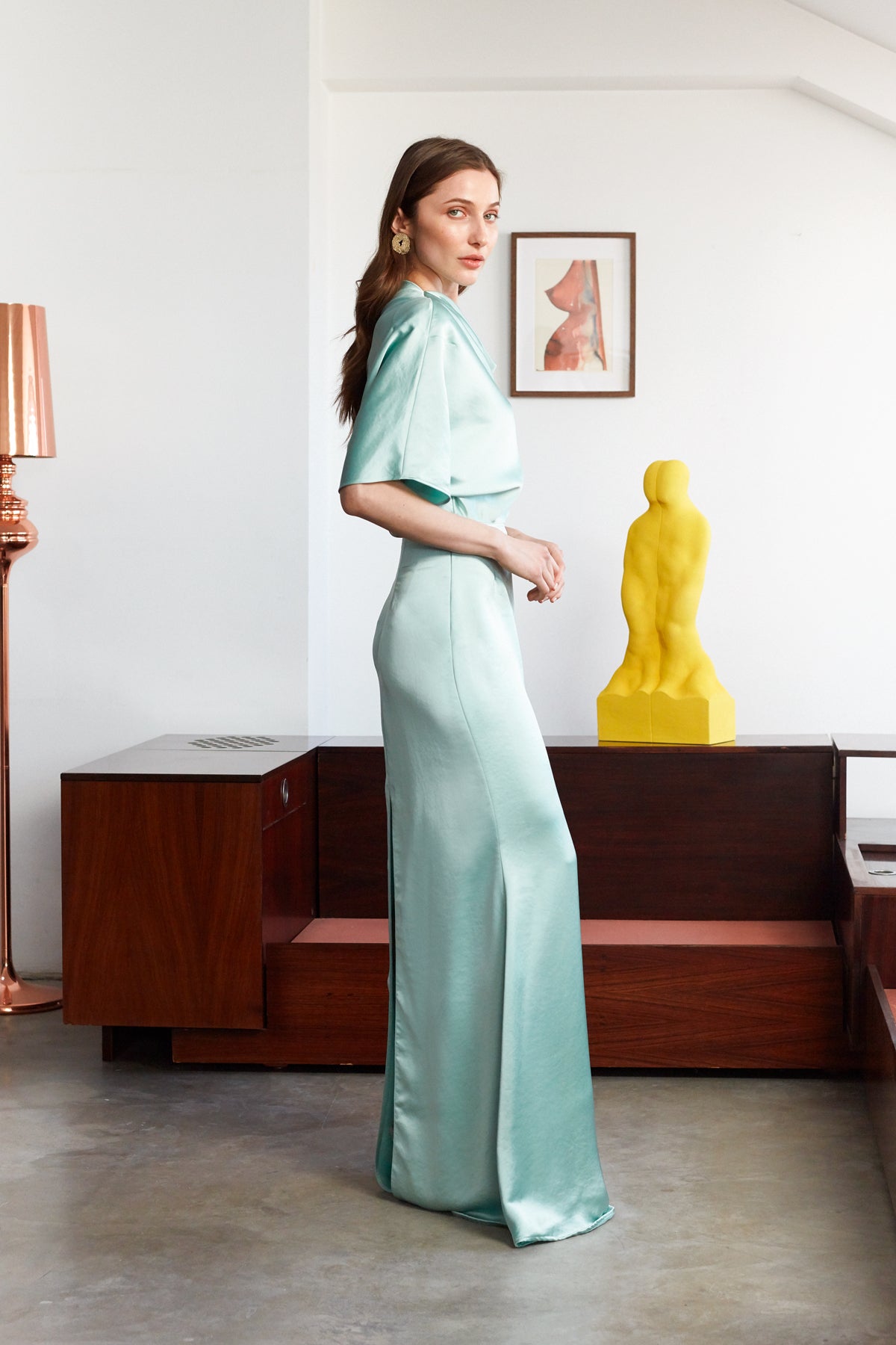 HELEN Mint Green Satin Asymmetric Maxi Evening Dress