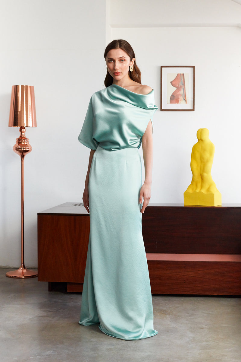 HELEN Mint Green Satin Asymmetric Maxi Evening Dress