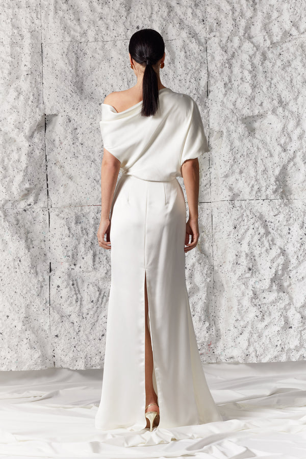 HELEN Soft White Satin Asymmetric Maxi Wedding Bridal Dress