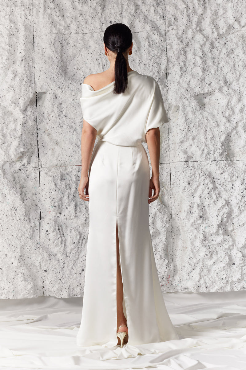 HELEN Soft White Satin Asymmetric Maxi Wedding Bridal Dress