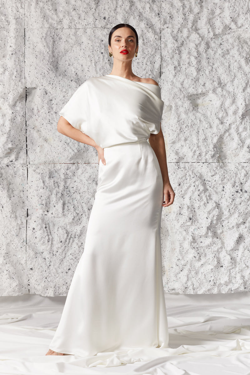 Soft White Satin Asymmetric Bridal Dress