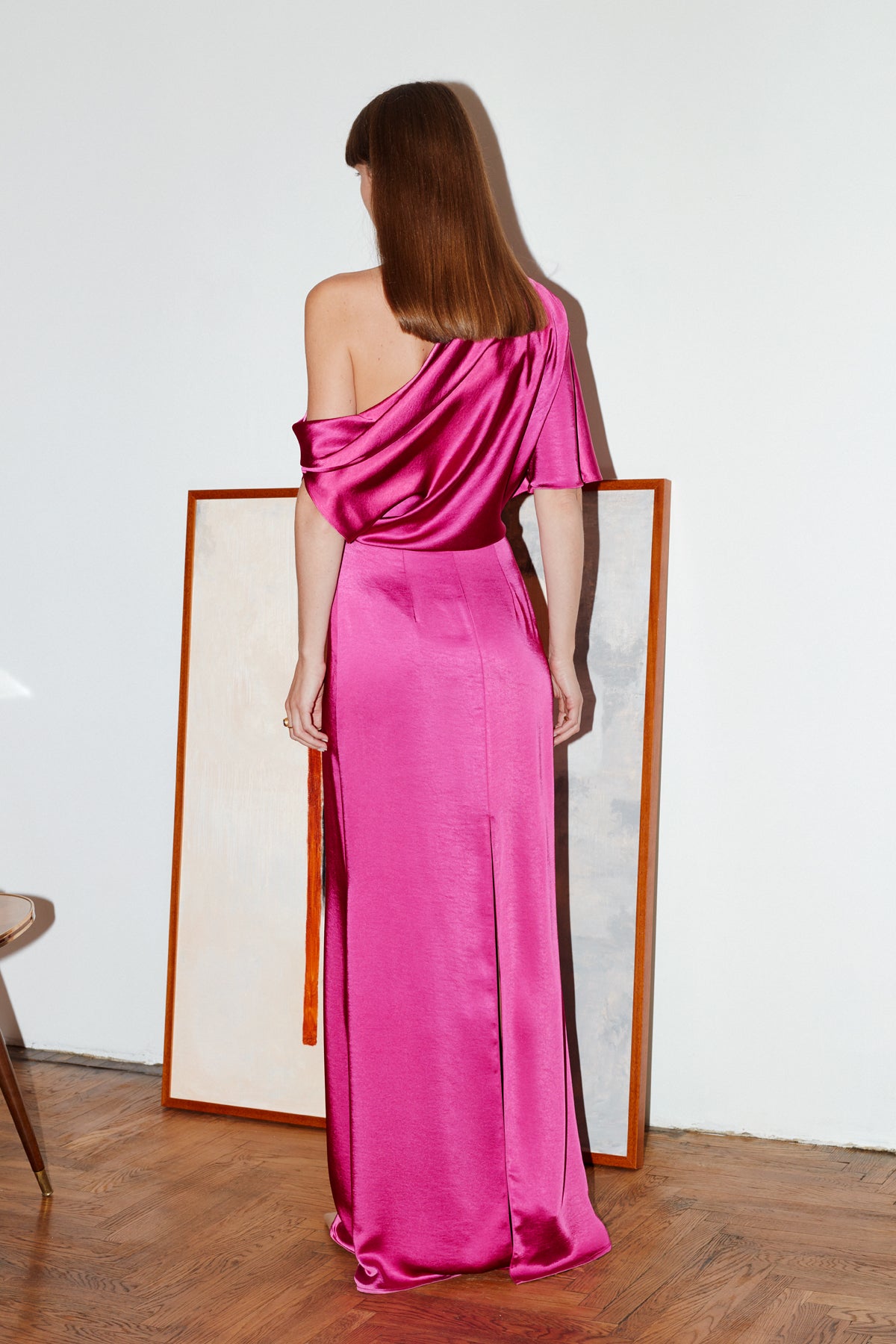 Helen Magenta Pink Satin Asymmetric Maxi Evening Dress