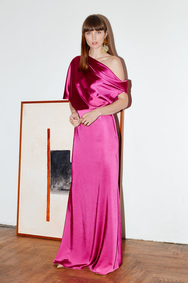 Helen Magenta Pink Satin Asymmetric Maxi Evening Dress