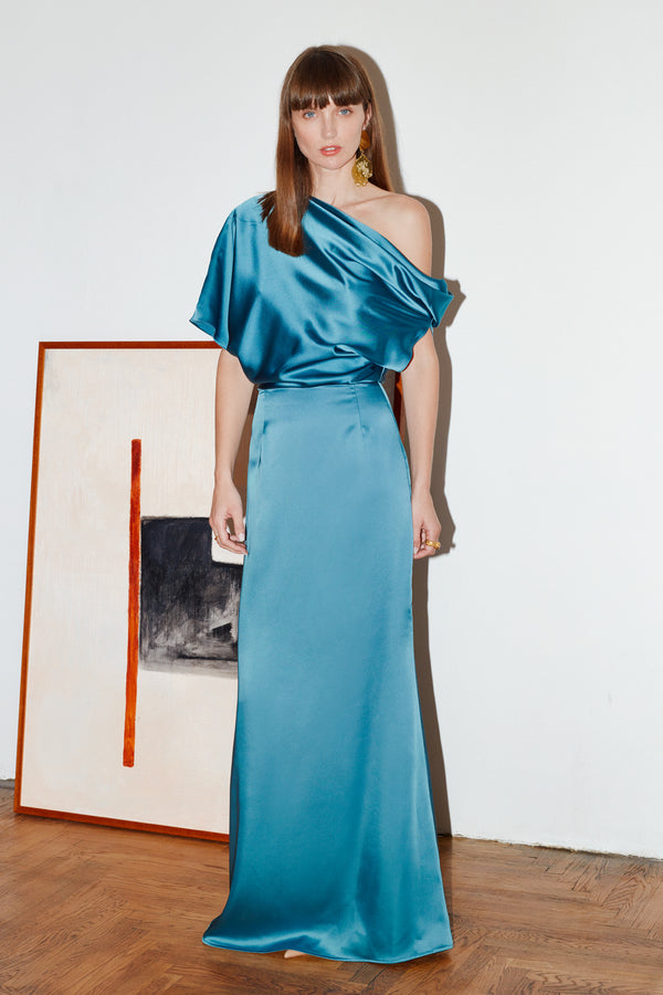 Helen Petrol Blue Satin Asymmetric Maxi Evening Dress