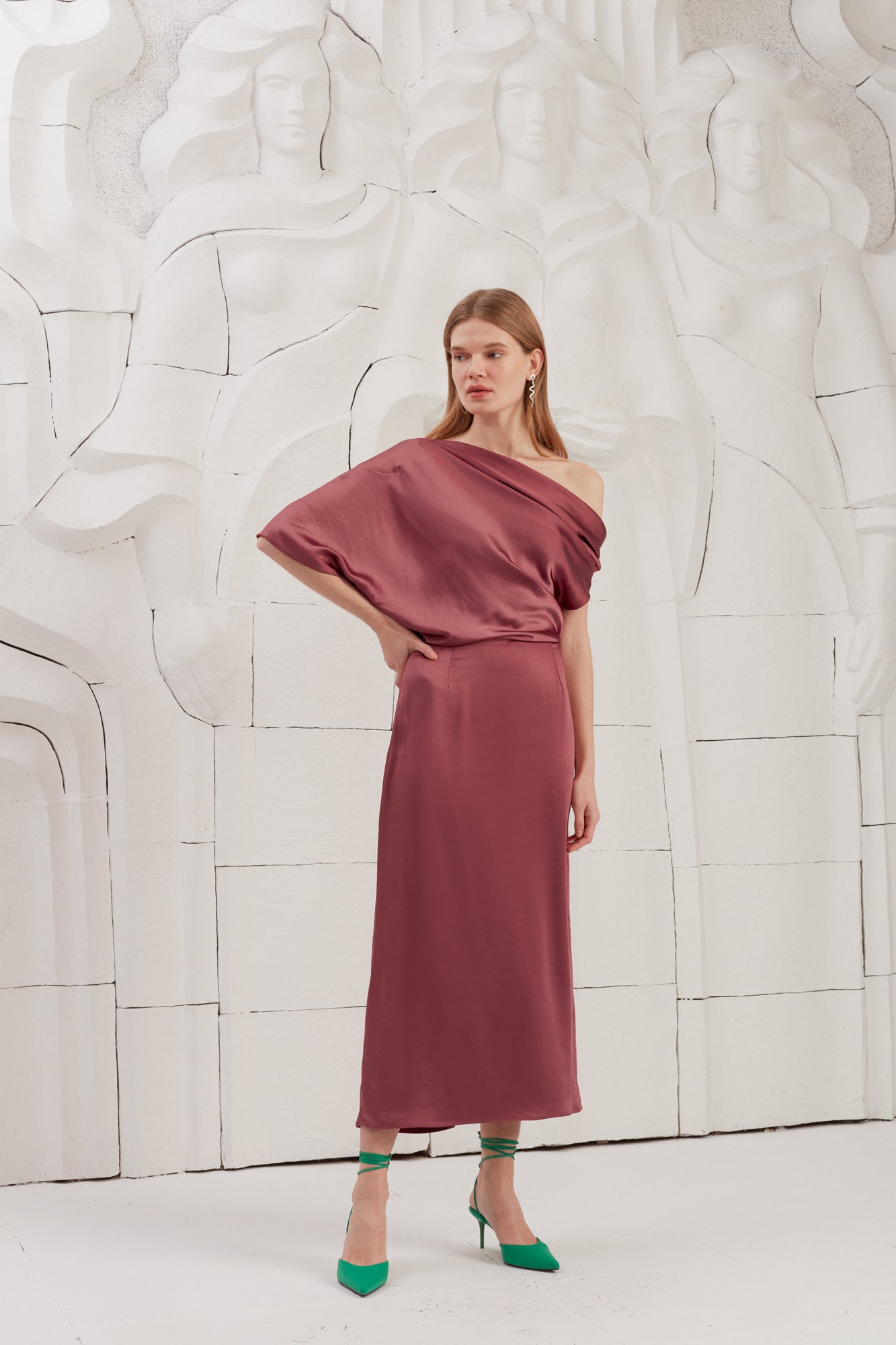 ILENE Fire Brick Satin Asymmetric Midi Evening Dress