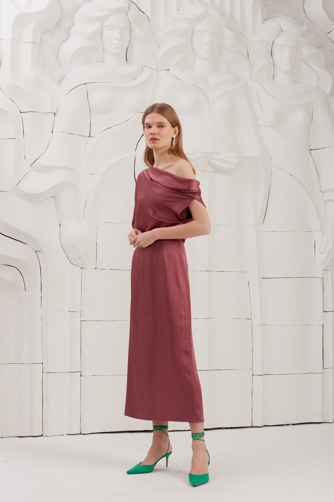 ILENE Fire Brick Satin Asymmetric Midi Evening Dress