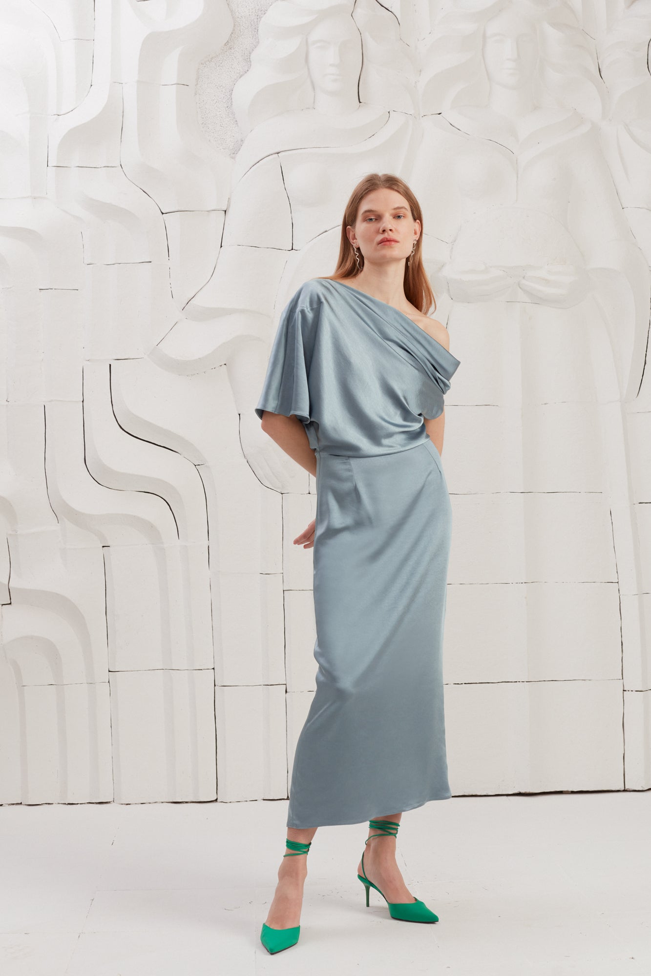 ILENE Stone Blue Satin Asymmetric Midi Evening Dress