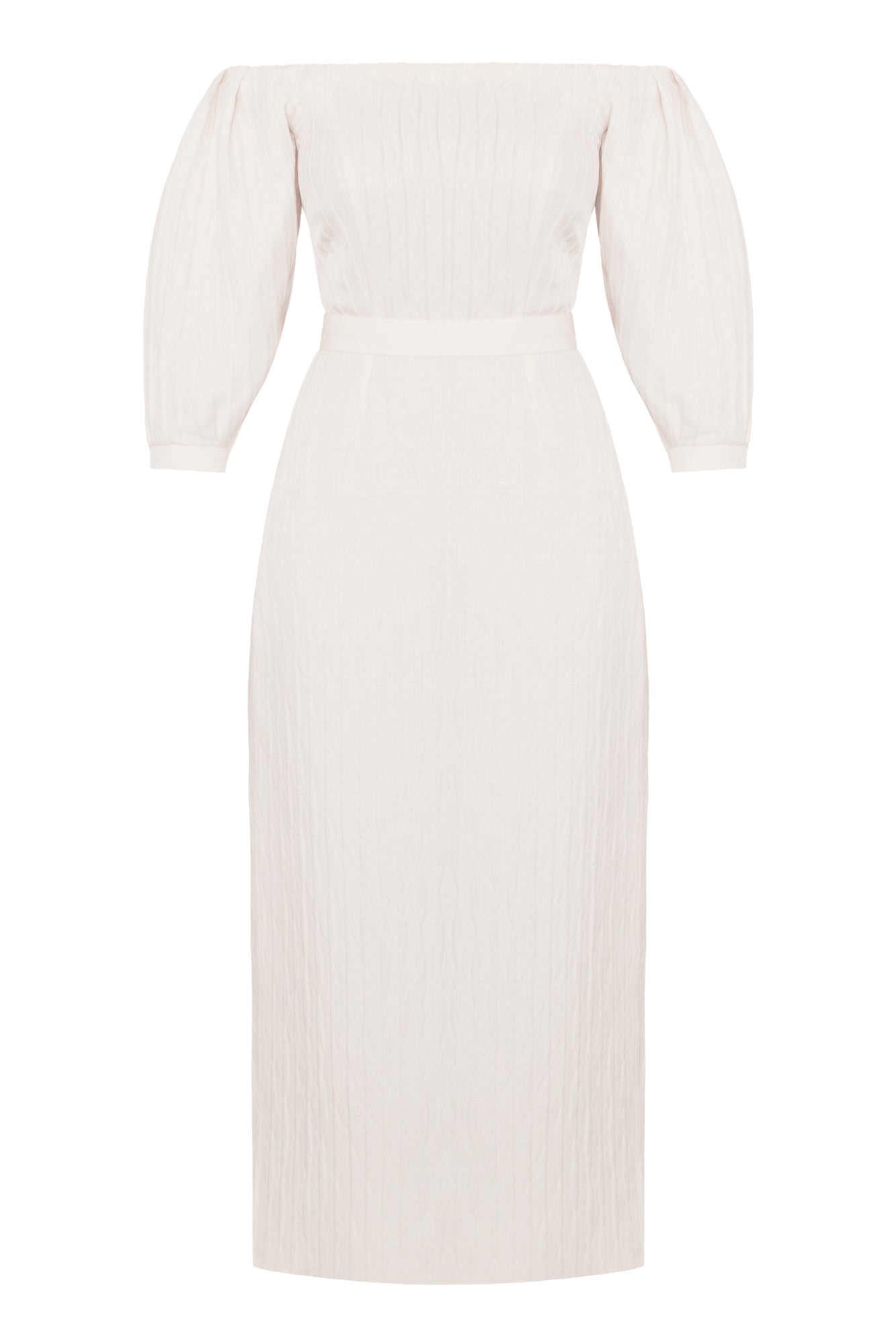 LIVA white textured silk open shoulder midi dress