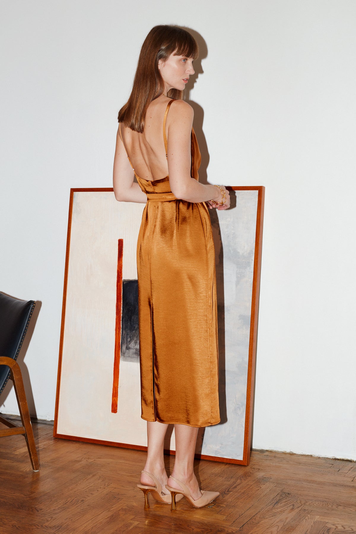 Kamea Tawny Brown Satin Draped Front Open Back Midi Dress