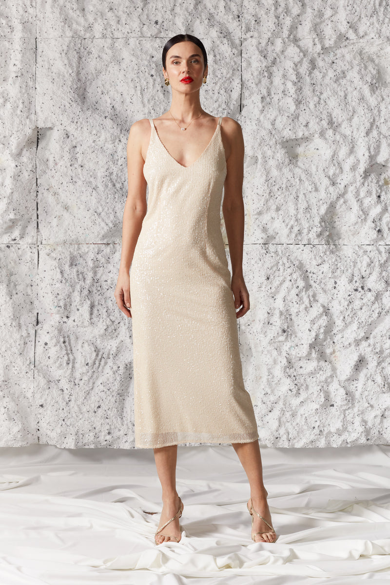 LISA Creamy Sequin Fabric Midi Wedding Bridal Slip Dress