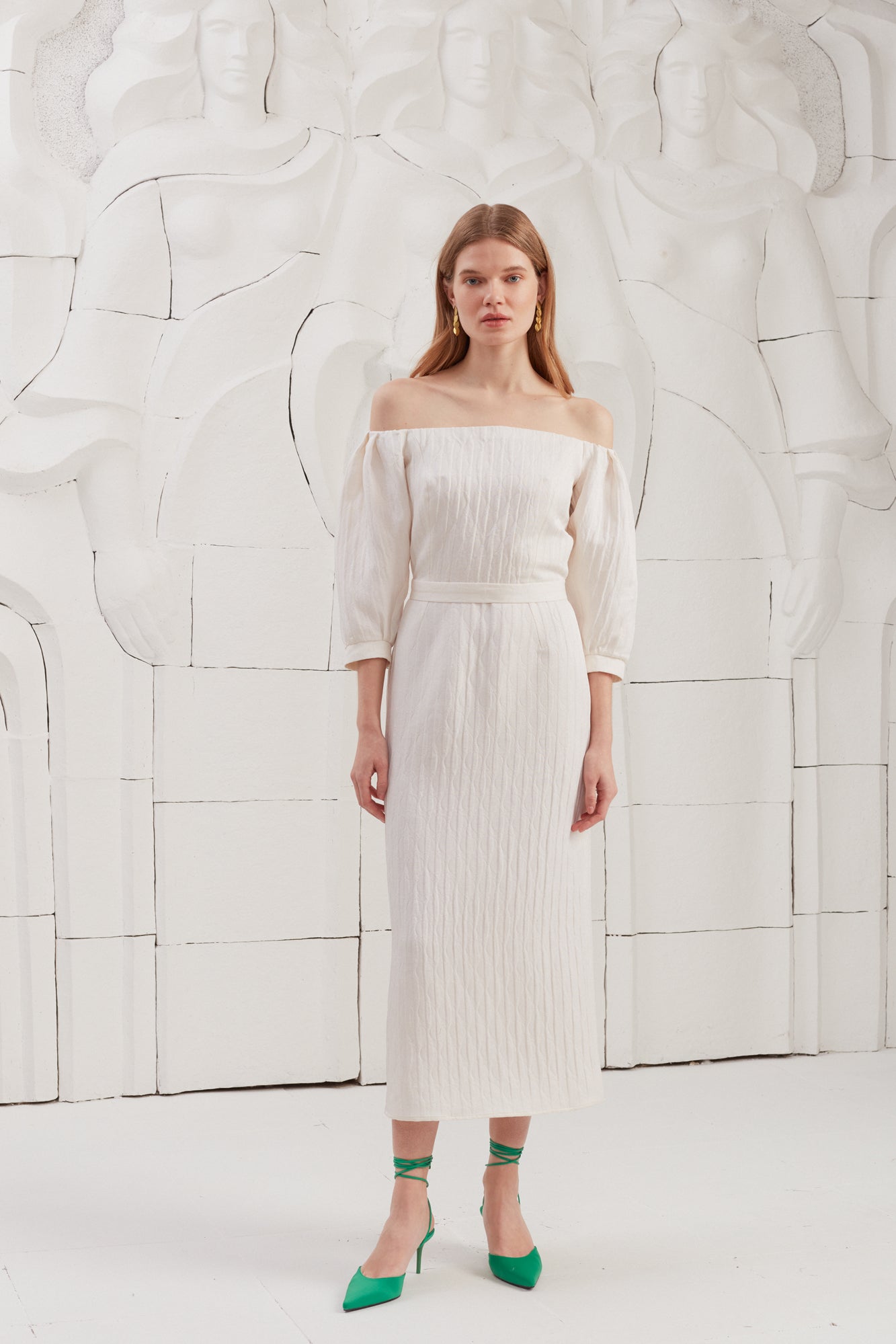 LIVA White Textured Silk Fabric Open Shoulder Midi Dress With Puff Sleeves