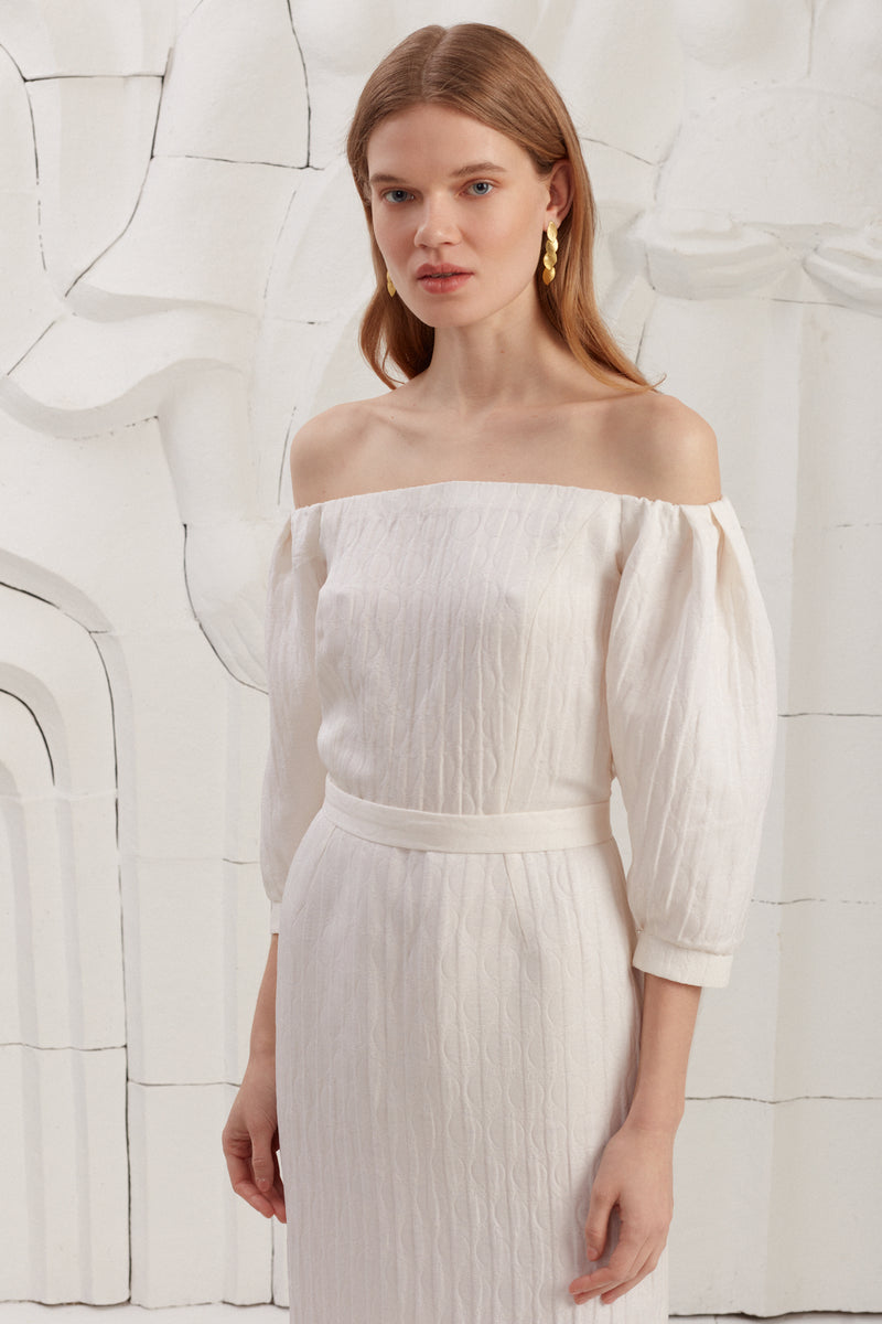 LIVA White Textured Silk Fabric Open Shoulder Midi Dress With Puff Sleeves