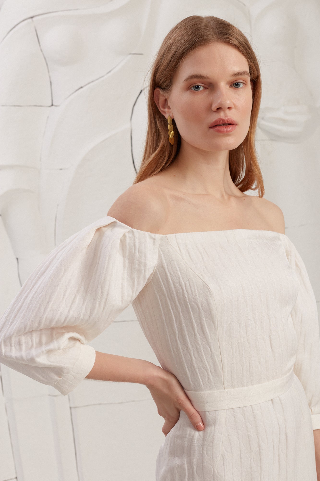 LIVA White Textured Silk Fabric Open Shoulder Midi Dress With Puff Sleeves