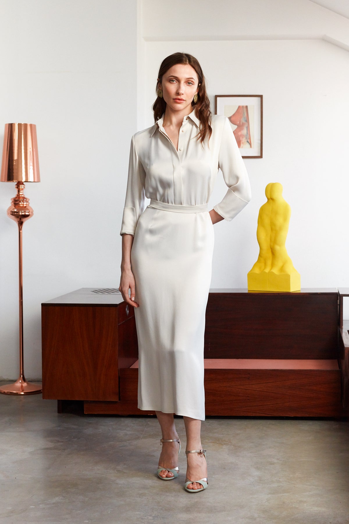 LUANA Pearl White Midi Shirt Dress With Pencil Skirt