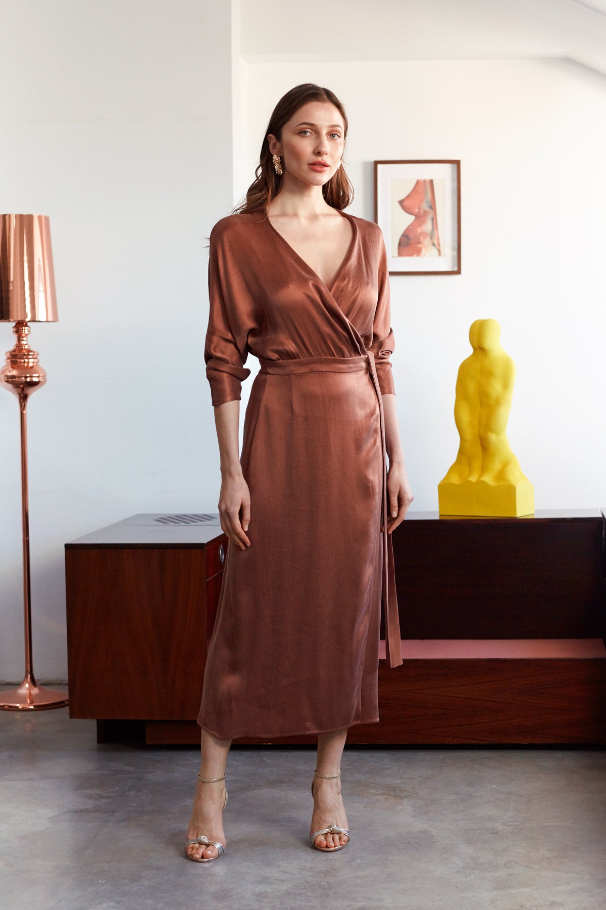 MANELI Chestnut Brown Cupro Midi Wrap Dress