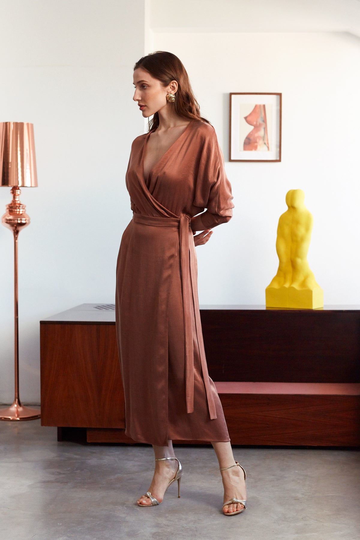 MANELI Chestnut Brown Cupro Midi Wrap Dress