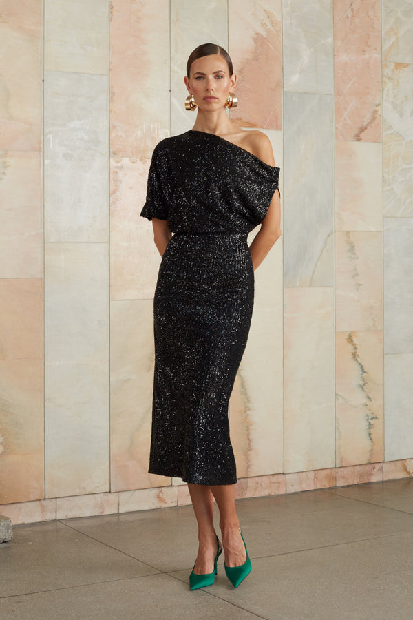 Black sequin asymmetric evening dress MARGO