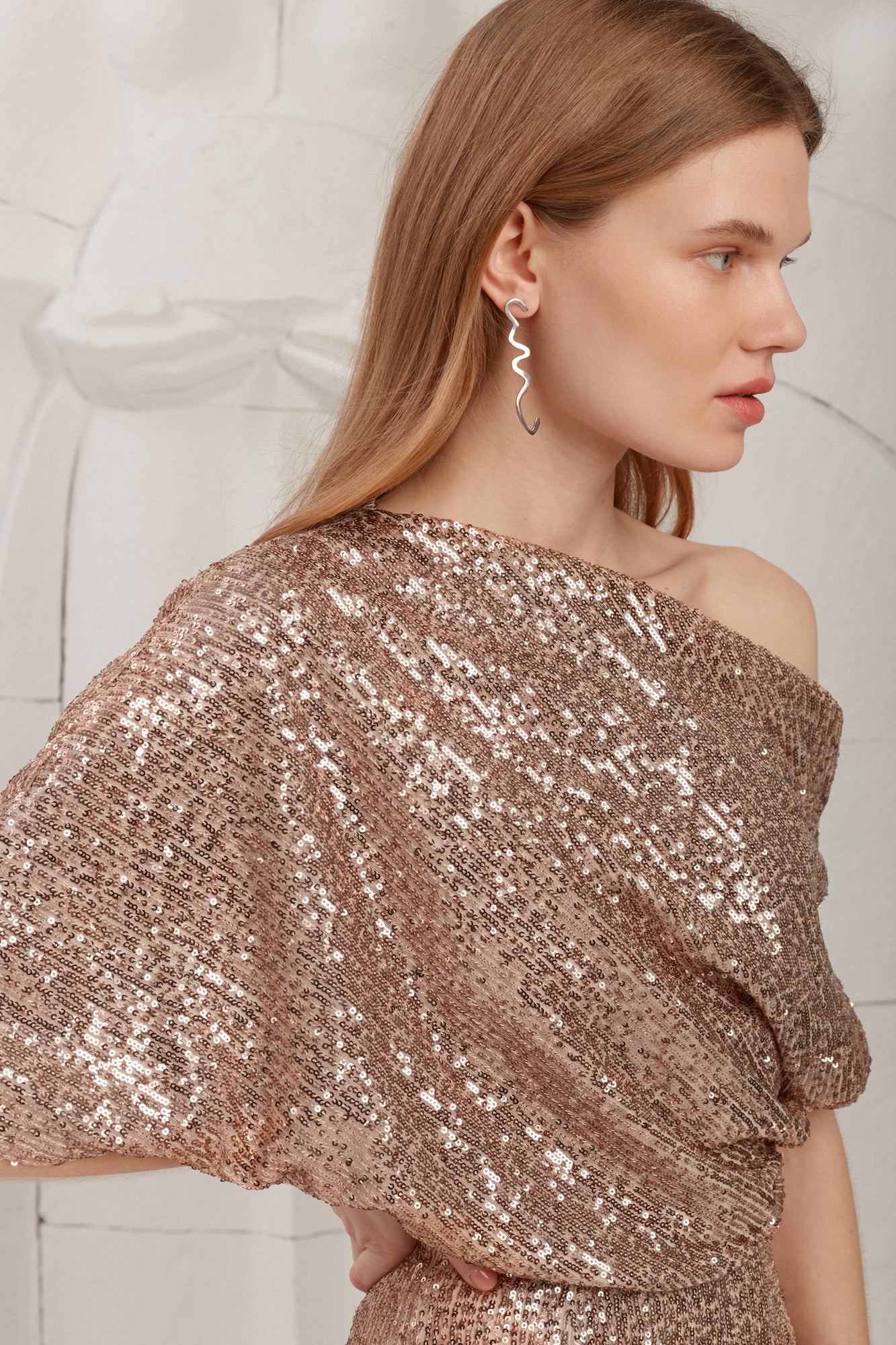 MARI Nude Sequin Asymmetric Evening Mini Dress