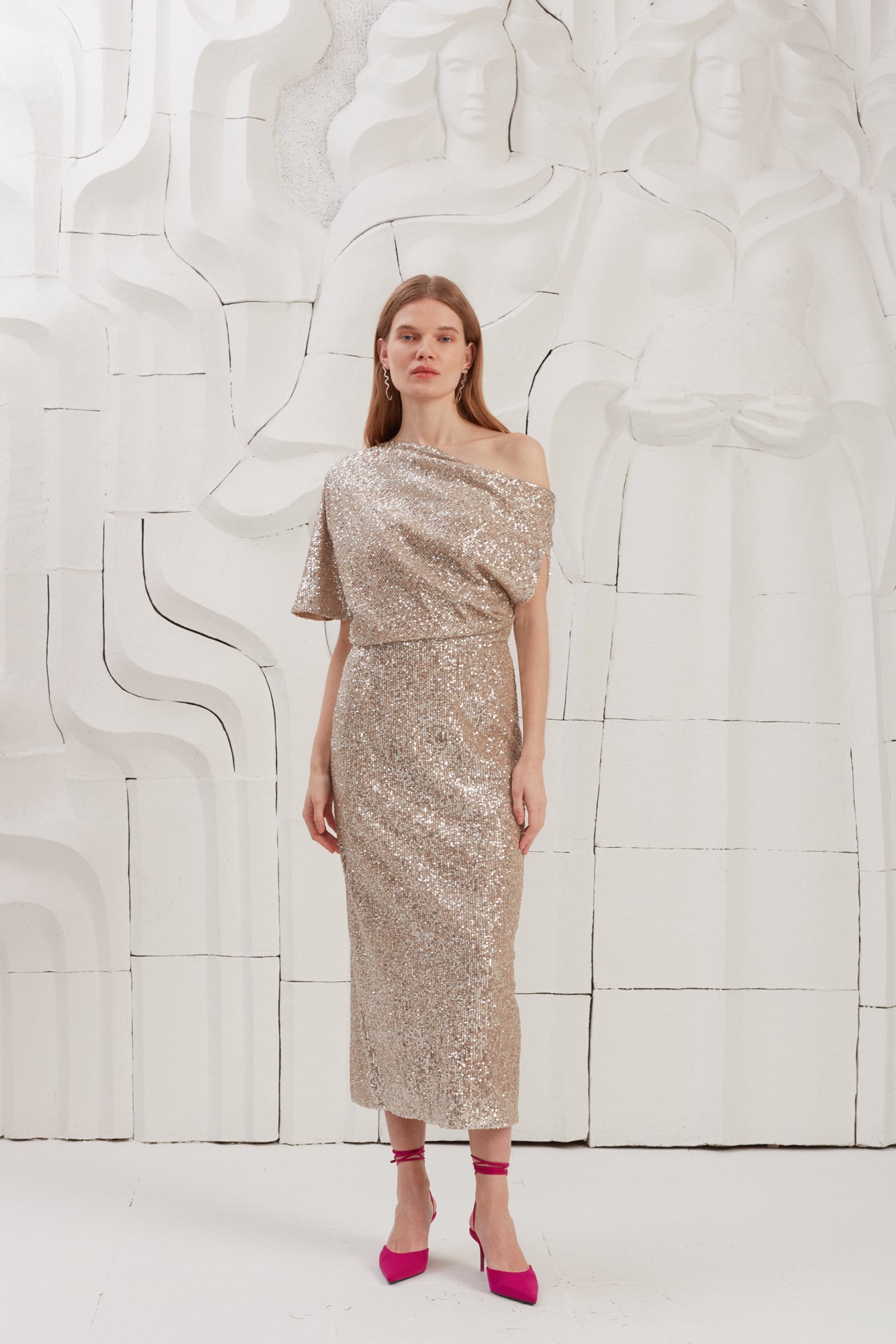 MARGO Silver Sequin Asymmetric Evening Midi Dress