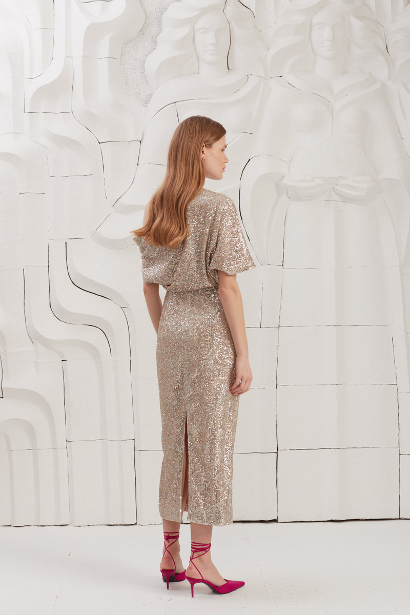 Silver sequin asymmetric midi dress with back slit