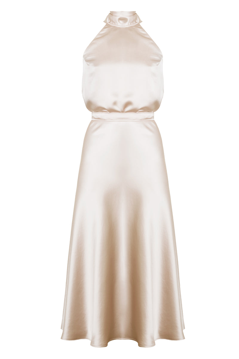 Midi Length Beige Dress with Playful Back Ribbons