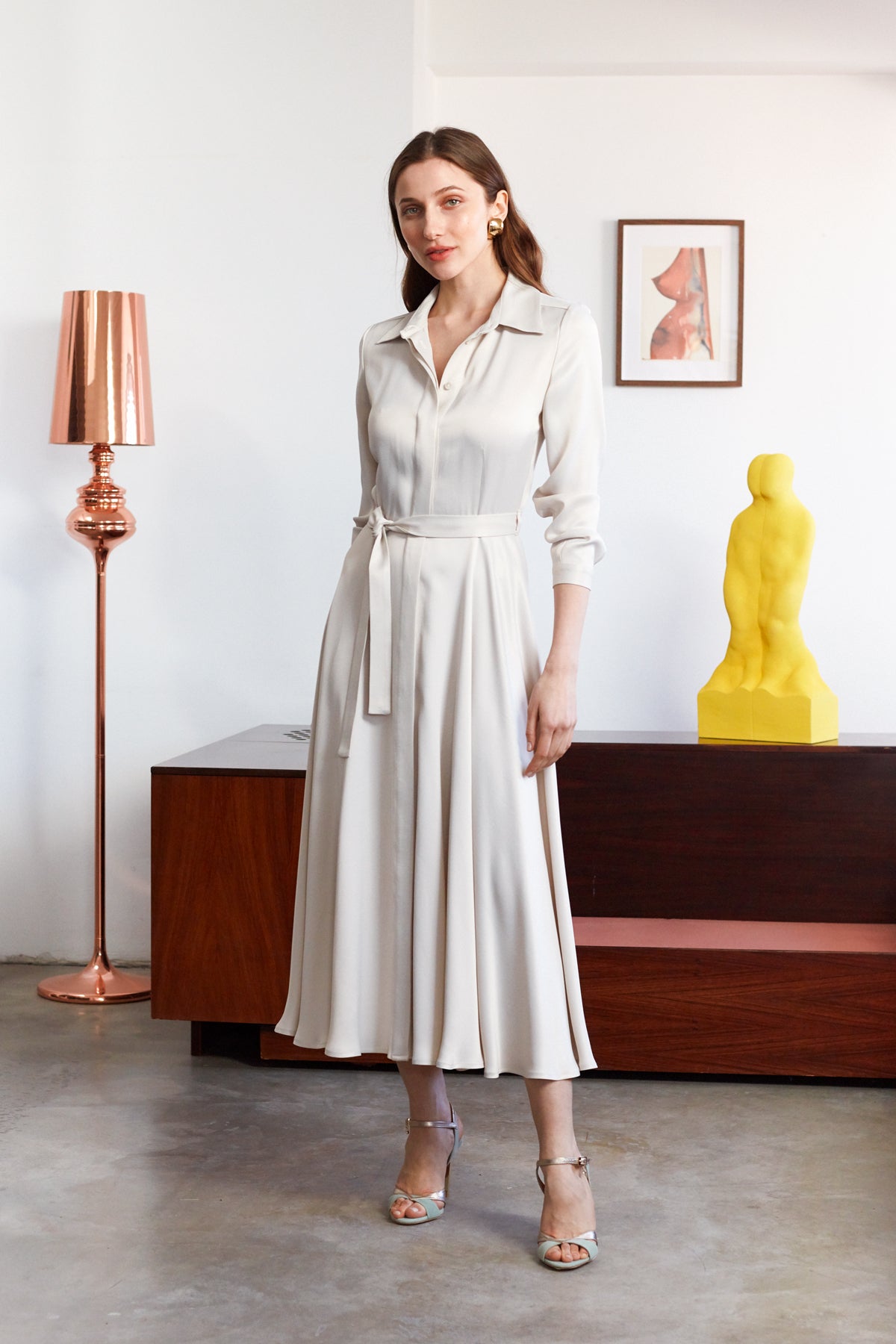 NOELA Pearl White Midi Shirt Dress With Circle Skirt