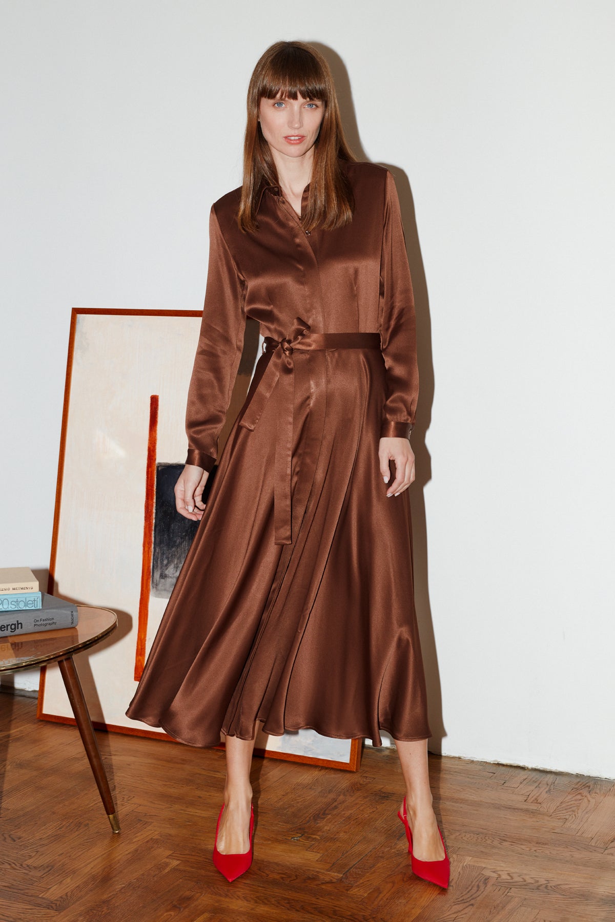 Noela Dark Brown Midi Shirt Dress With Circle Skirt