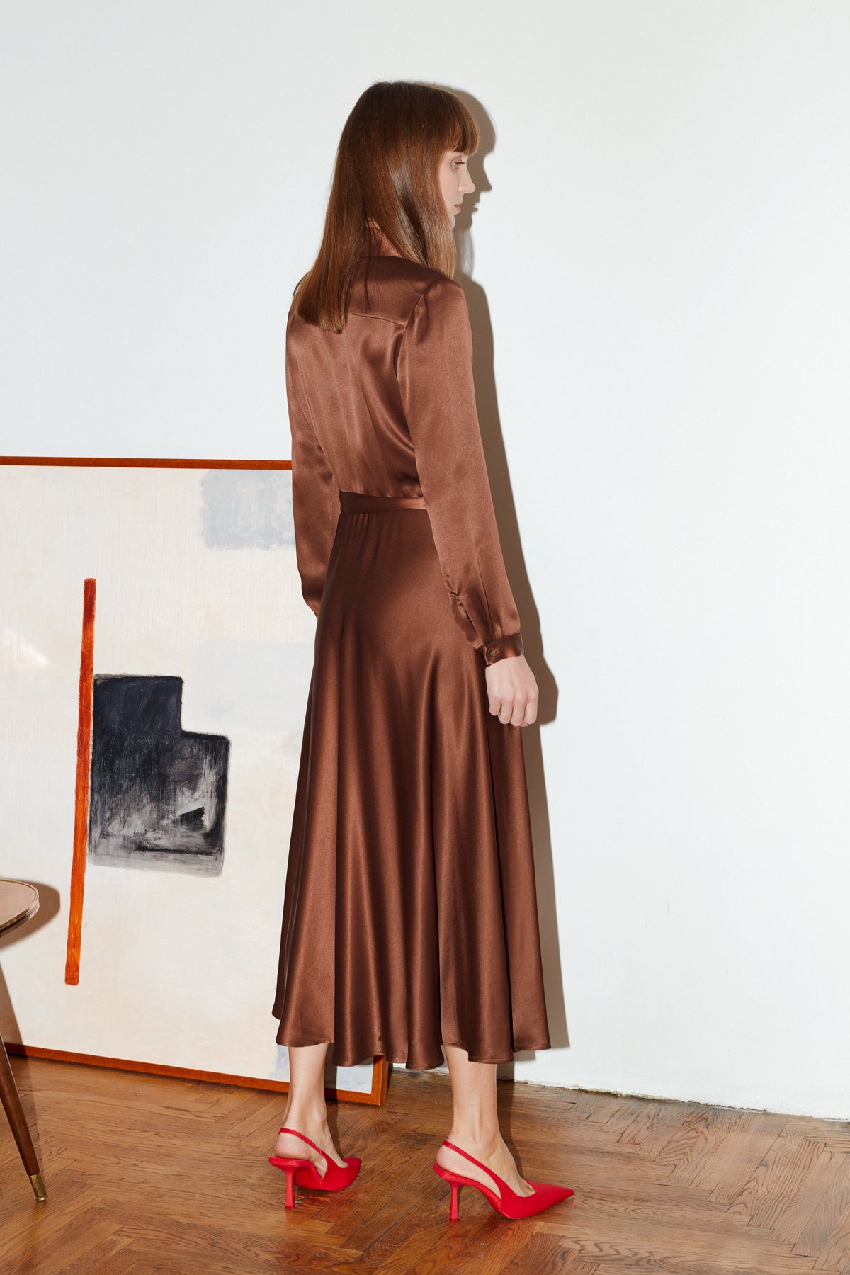 Noela Dark Brown Midi Shirt Dress With Circle Skirt