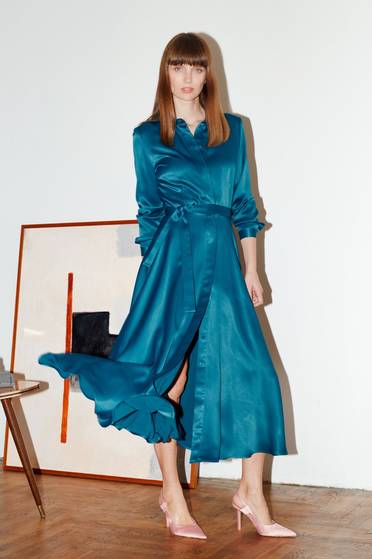 Noela Teal Blue Midi Shirt Dress With Circle Skirt