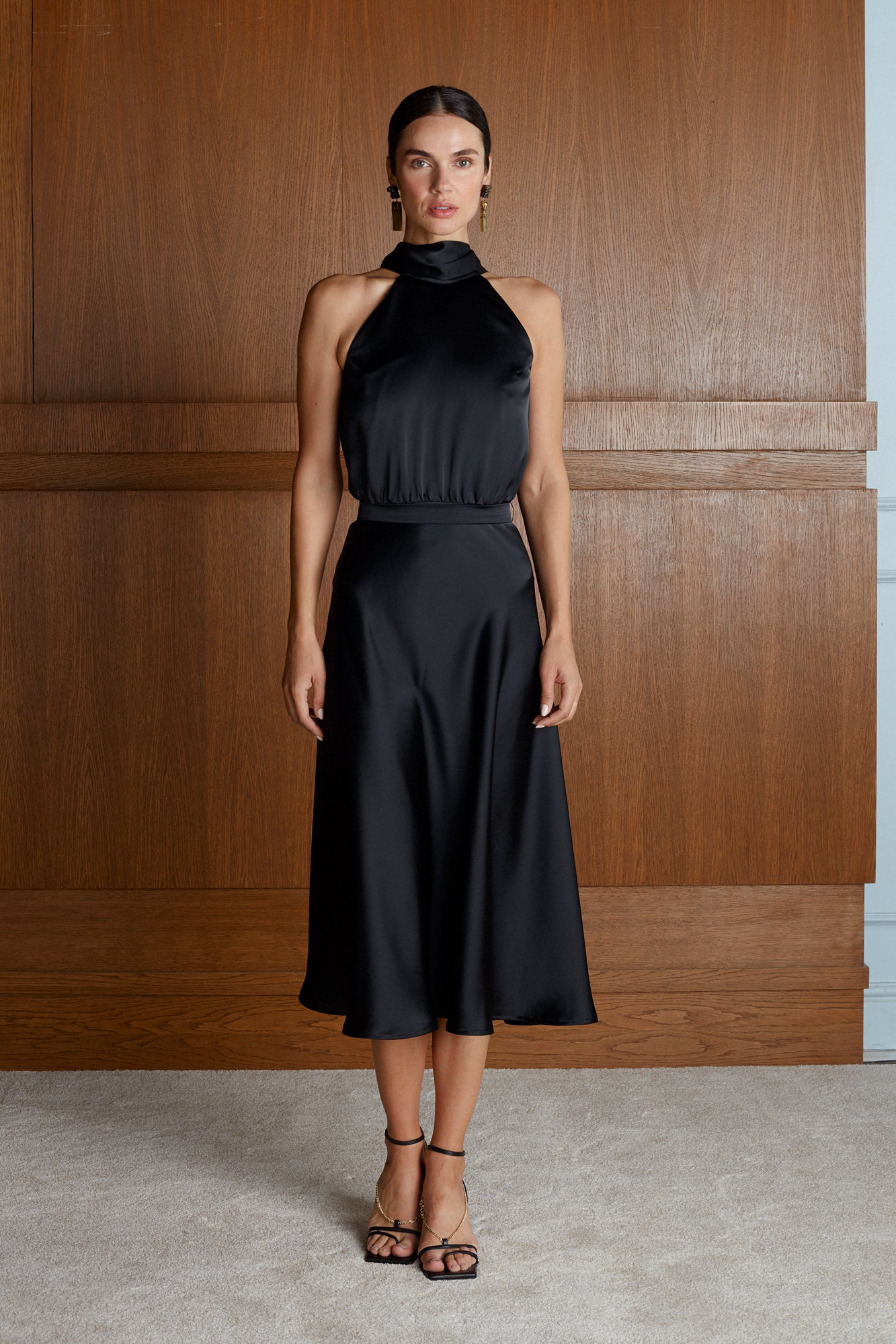 NOMA black satin midi cocktail dress